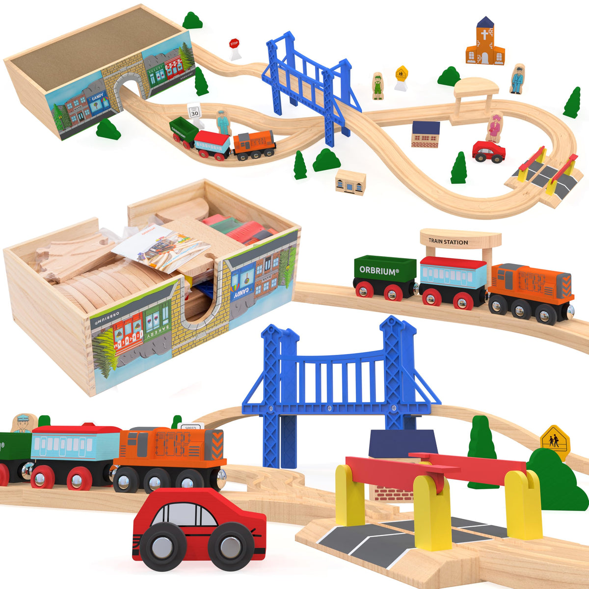 Orbrium Wooden Train Deluxe engine and coach in motion for imaginative play