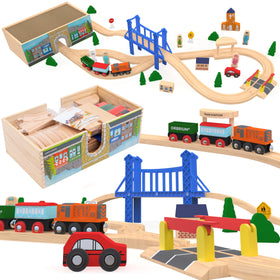 Orbrium Wooden Train Deluxe engine and coach in motion for imaginative play