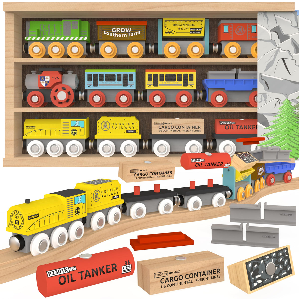 Orbrium wooden train set 12pc viewed from above with durable magnets for easy linking.