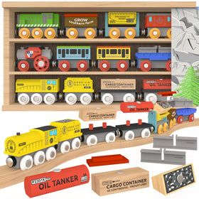 Orbrium wooden train set 12pc viewed from above with durable magnets for easy linking.