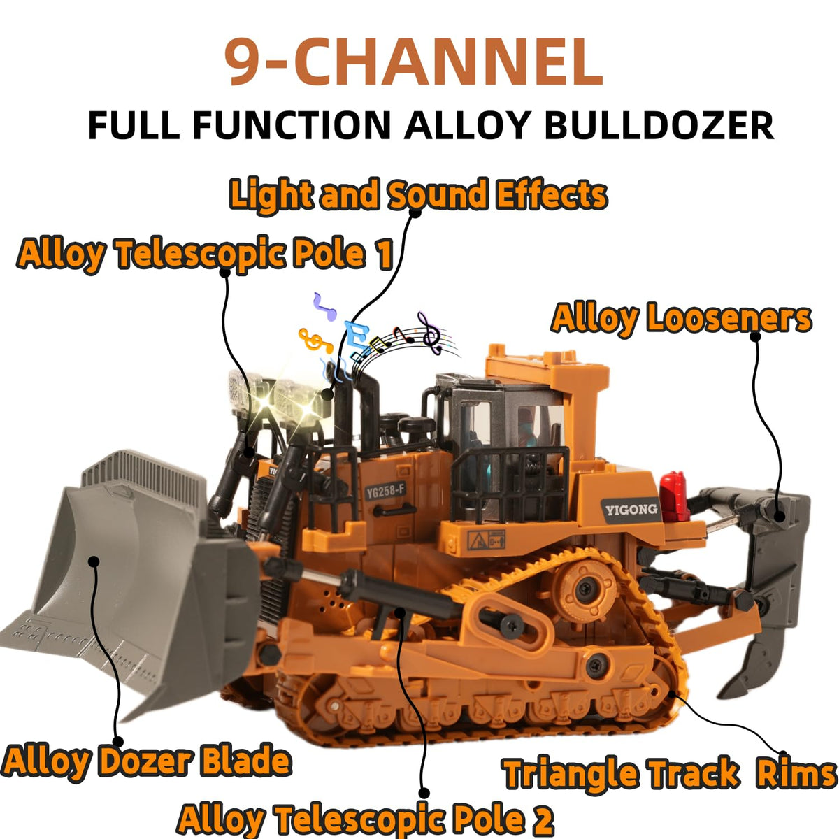OrgaNatureQueen 9-Channel RC Bulldozer rear view highlighting sturdy metal body.