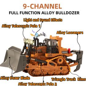 OrgaNatureQueen 9-Channel RC Bulldozer rear view highlighting sturdy metal body.