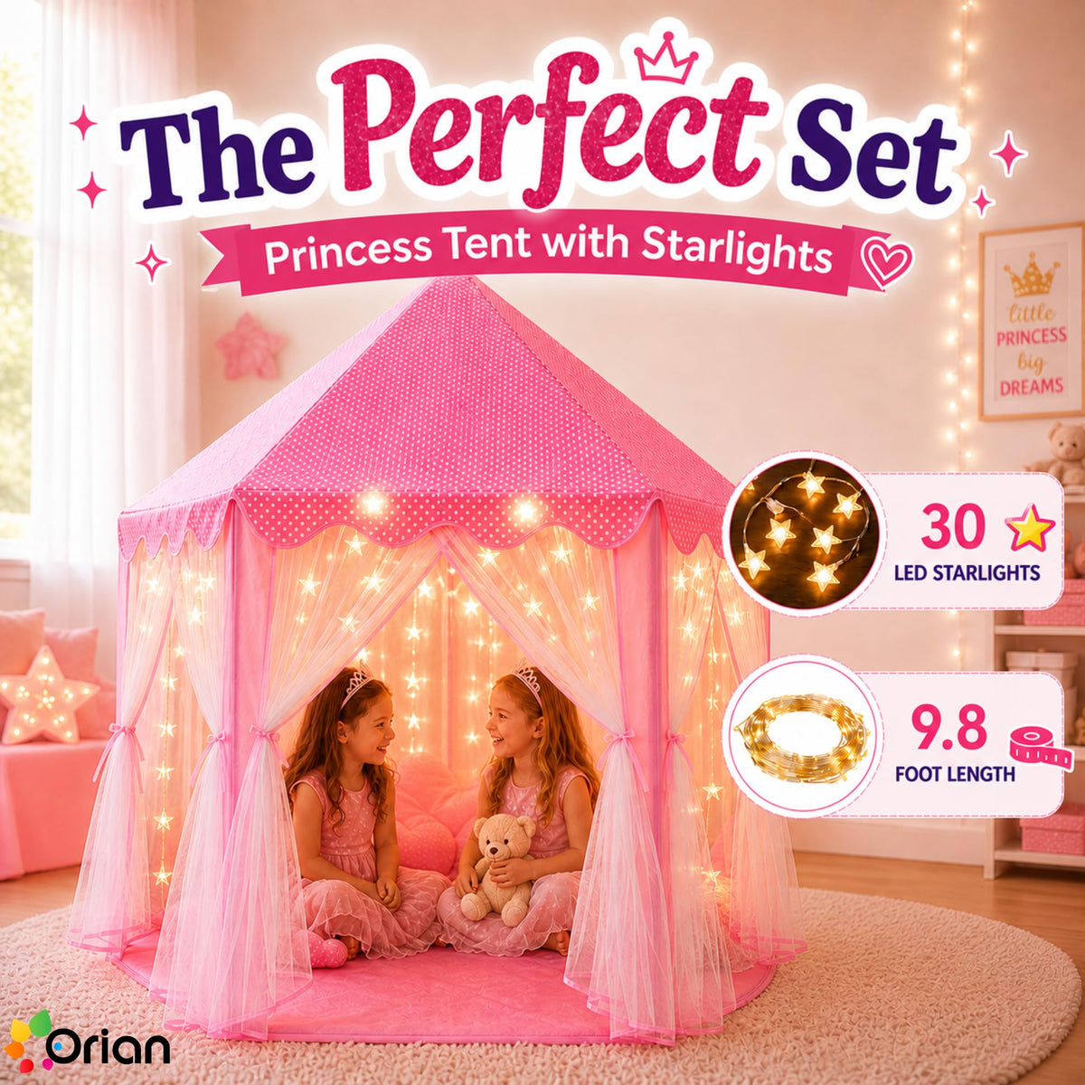 Orian Princess Tent LED star lights add magical glow to playtime.