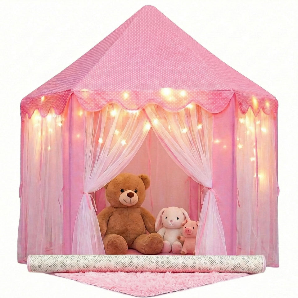 Orian Princess Tent showing the pink castle with star lights for imaginative play