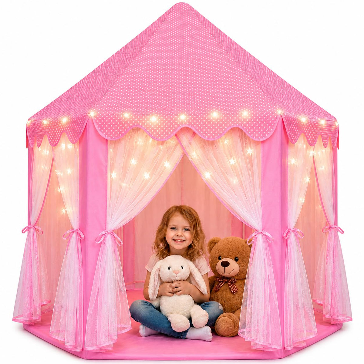 Orian Princess Tent pink exterior invites imaginative play and cozy hideaways.