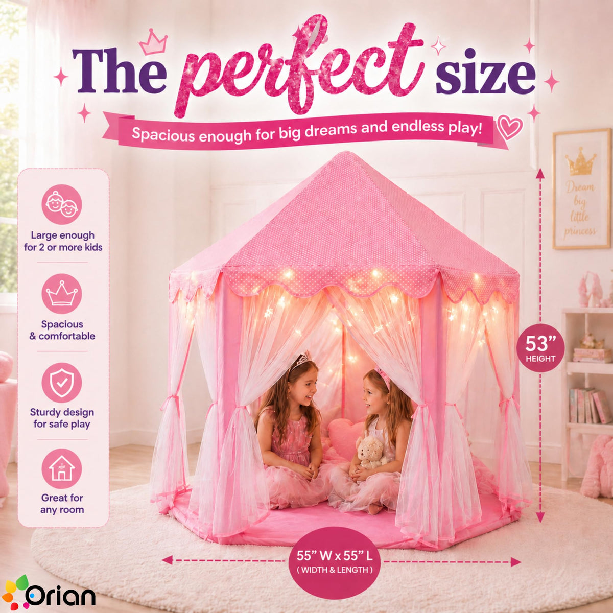 Orian Princess Tent pink interior designed for children to imagine castle adventures.
