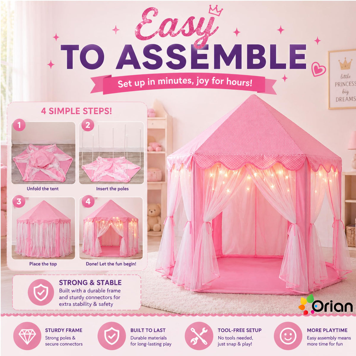 Orian Princess Tent size 55x53 inches fits kid play spaces.