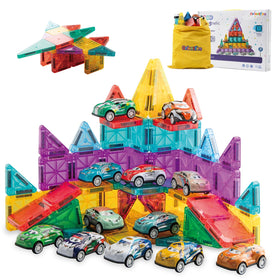 OrientFire 93pcs magnetic tiles with cars for imaginative play and early STEM skills.