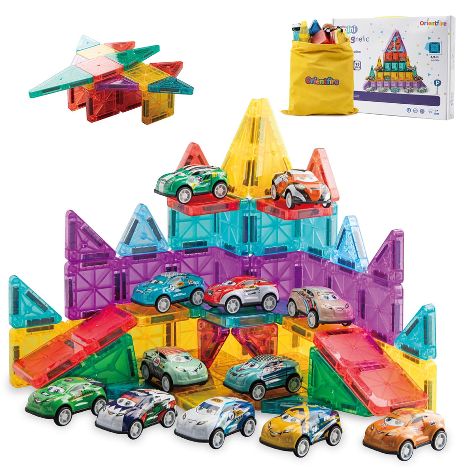 OrientFire 93pcs magnetic tiles with cars for imaginative play and early STEM skills.