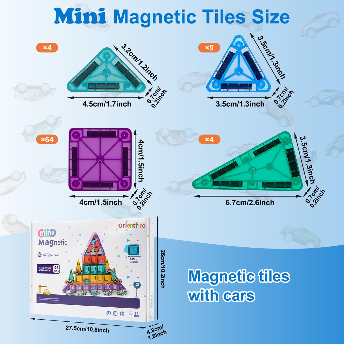 OrientFire 93pcs set sparks creativity with cars shapes and varied building options.