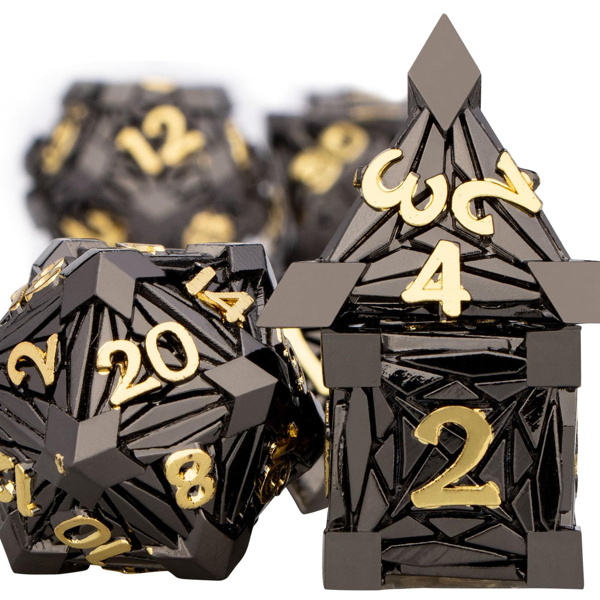 Orifantou crystal shards closeup; detailed engraved faces for clear in-hand readings.
