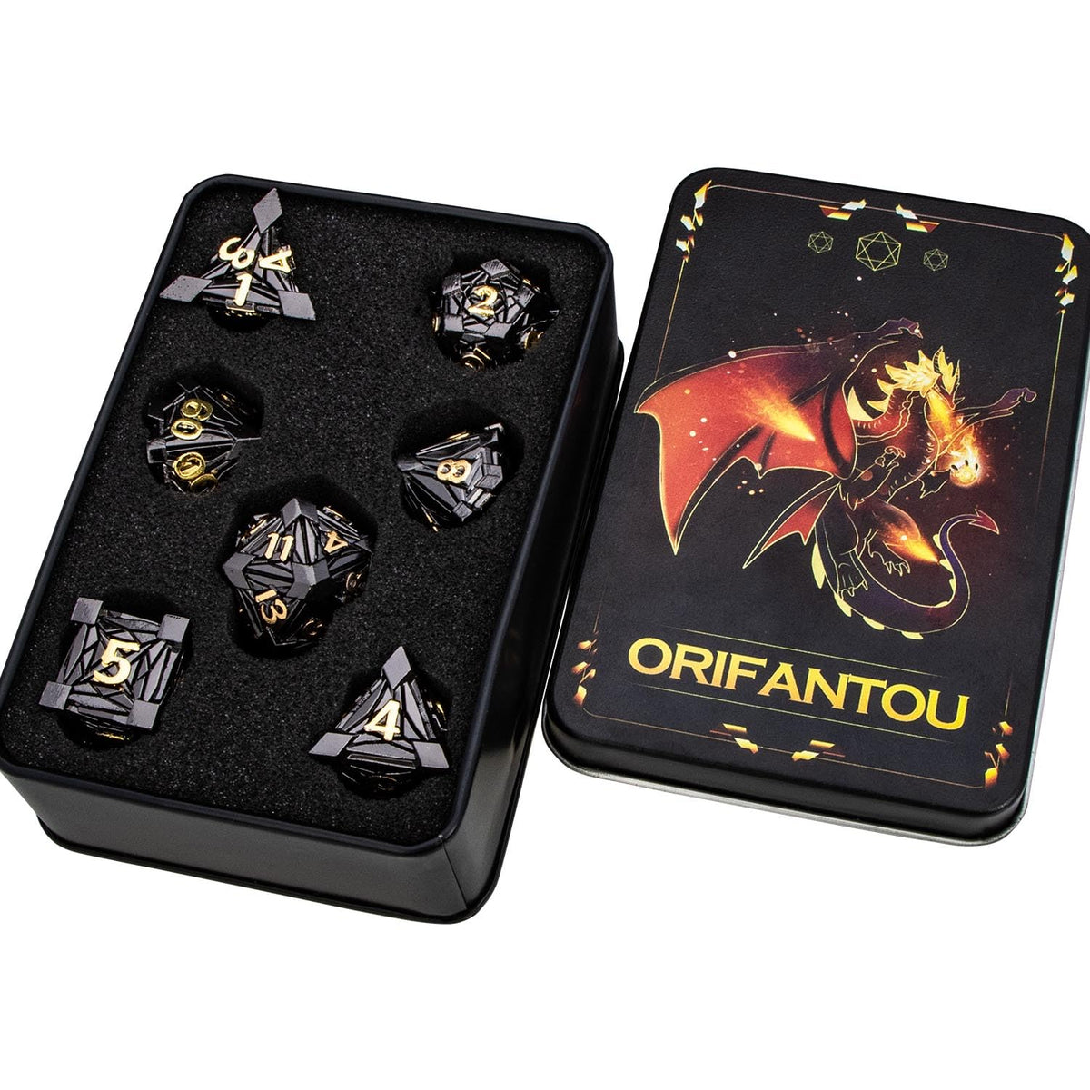Orifantou D&D dice set; travel-ready case for game nights.