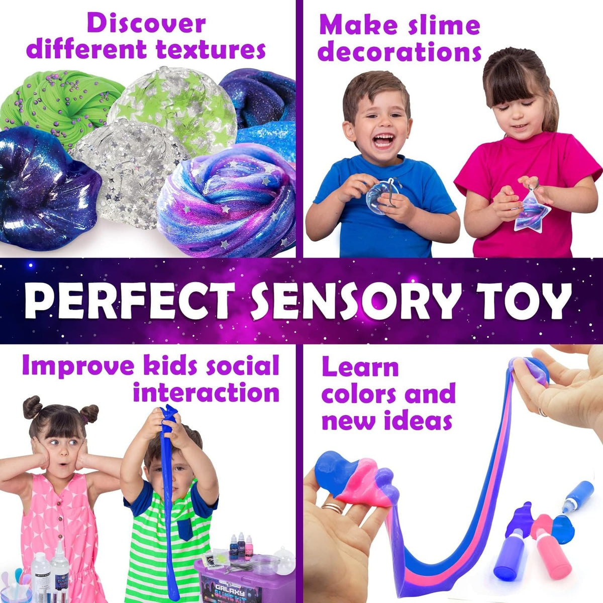 Original Stationery Galaxy Slime Kit pink purple blue slimes for vibrant sensory play.