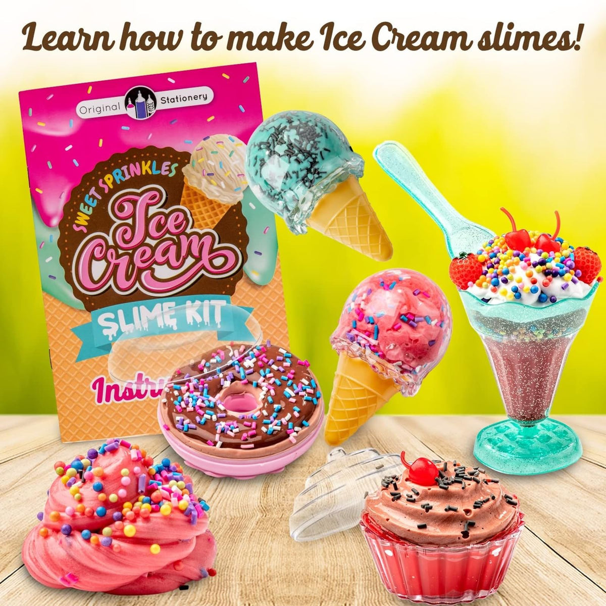 Original Stationery ice cream slime kit color palette shows bright, playful hues.
