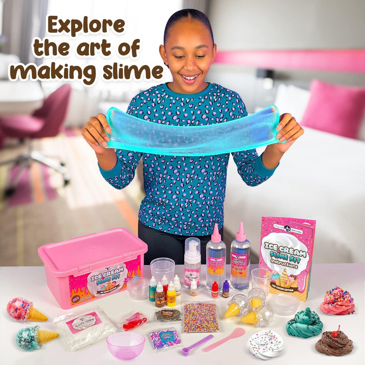 Original Stationery Ice Cream Slime Kit components include 31 pieces for DIY fun.