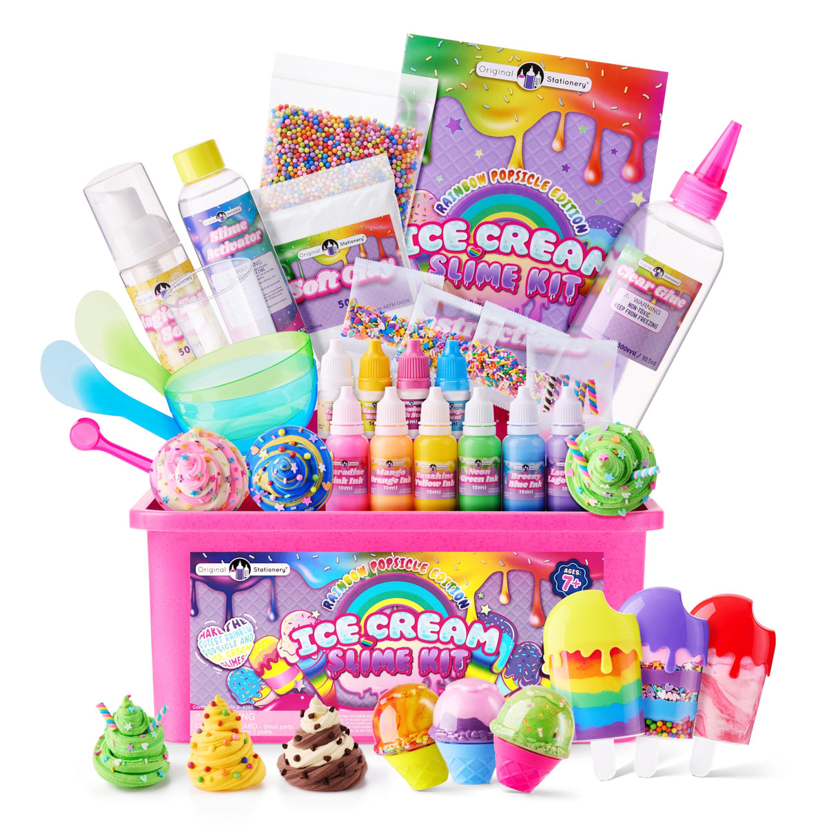 Original Stationery Ice Cream Slime Kit Rainbow Popsicle Edition, bright color swirls for creative play