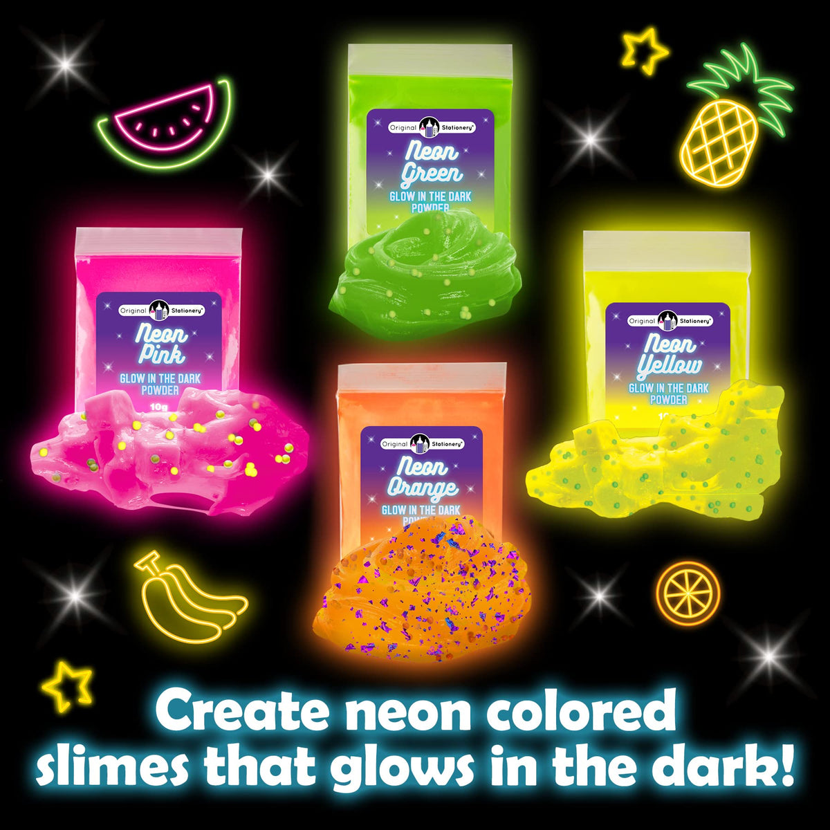 Original Stationery neon glow powder close-up showcases sparkling add-ins for creativity