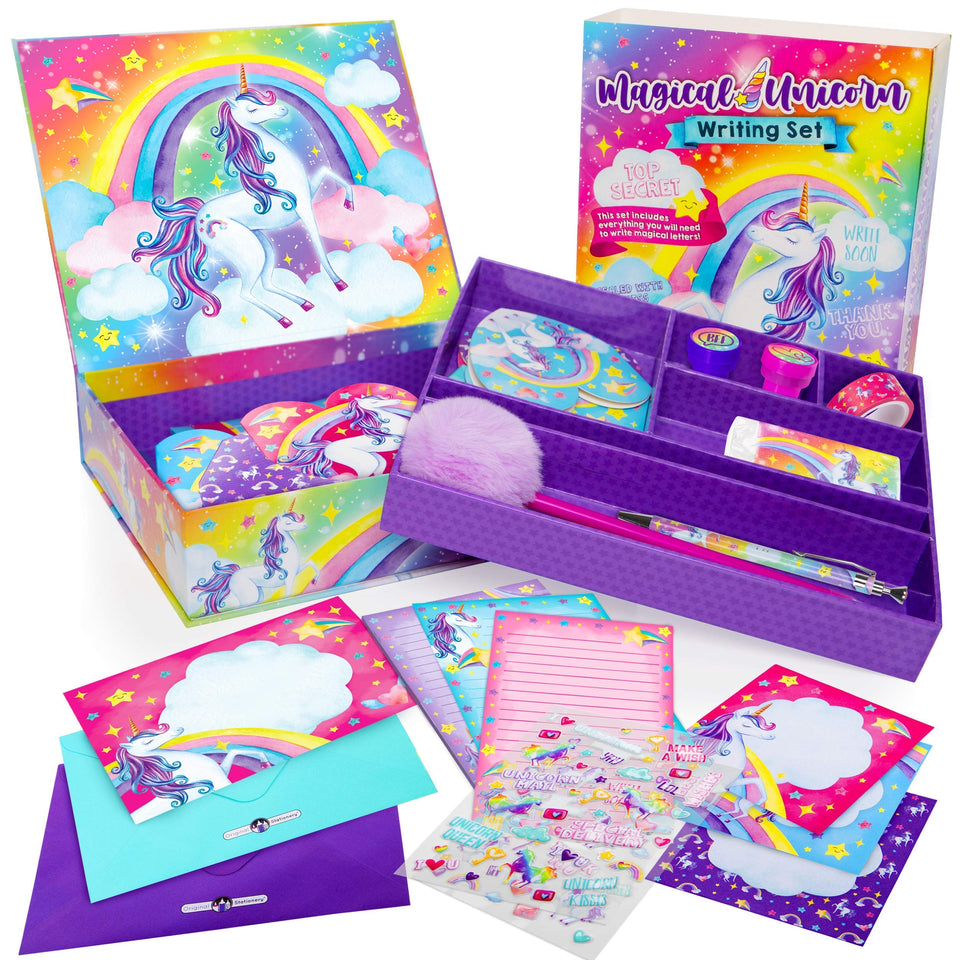 Original Stationery Unicorn Letter Writing Kit: box open showing vibrant colors for creative notes