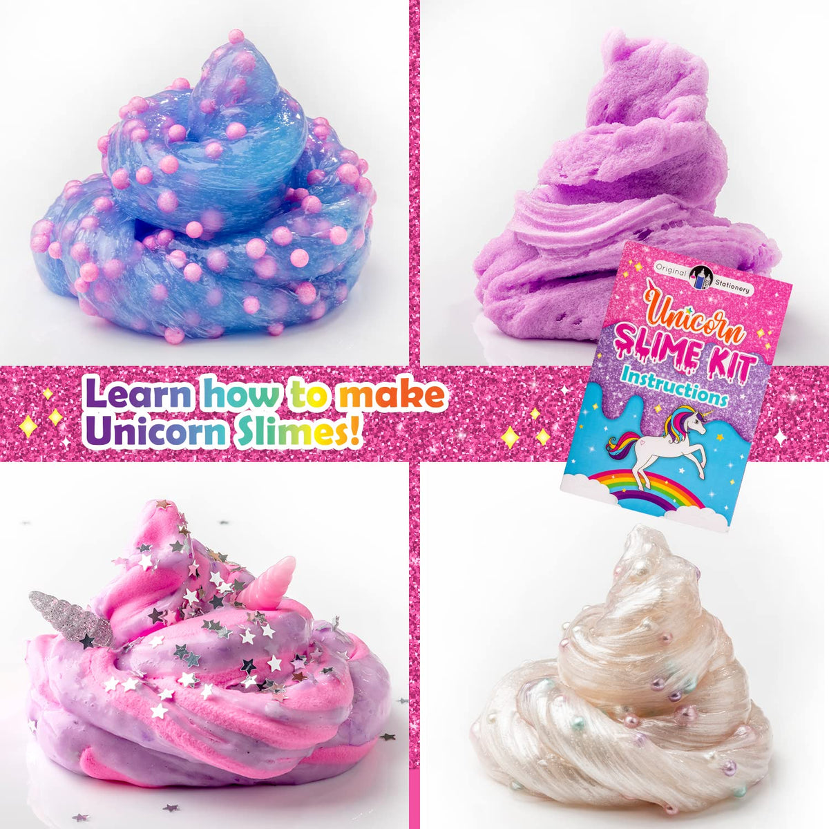 Original Stationery Unicorn Slime Kit add-ins display glittery shapes for sensory exploration.
