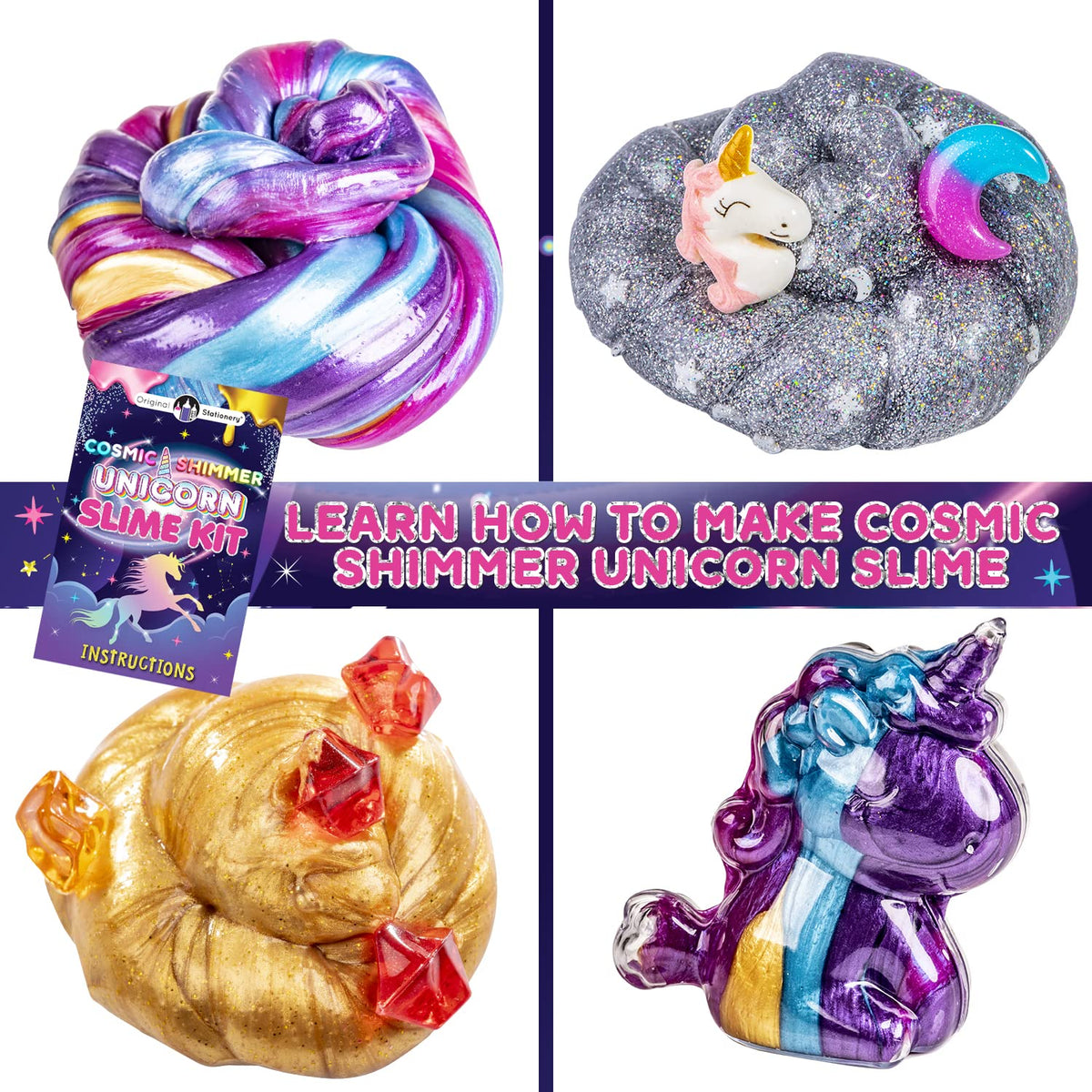 Original Stationery Unicorn Slime Kit glow-in-the-dark slime shows playful night-time texture
