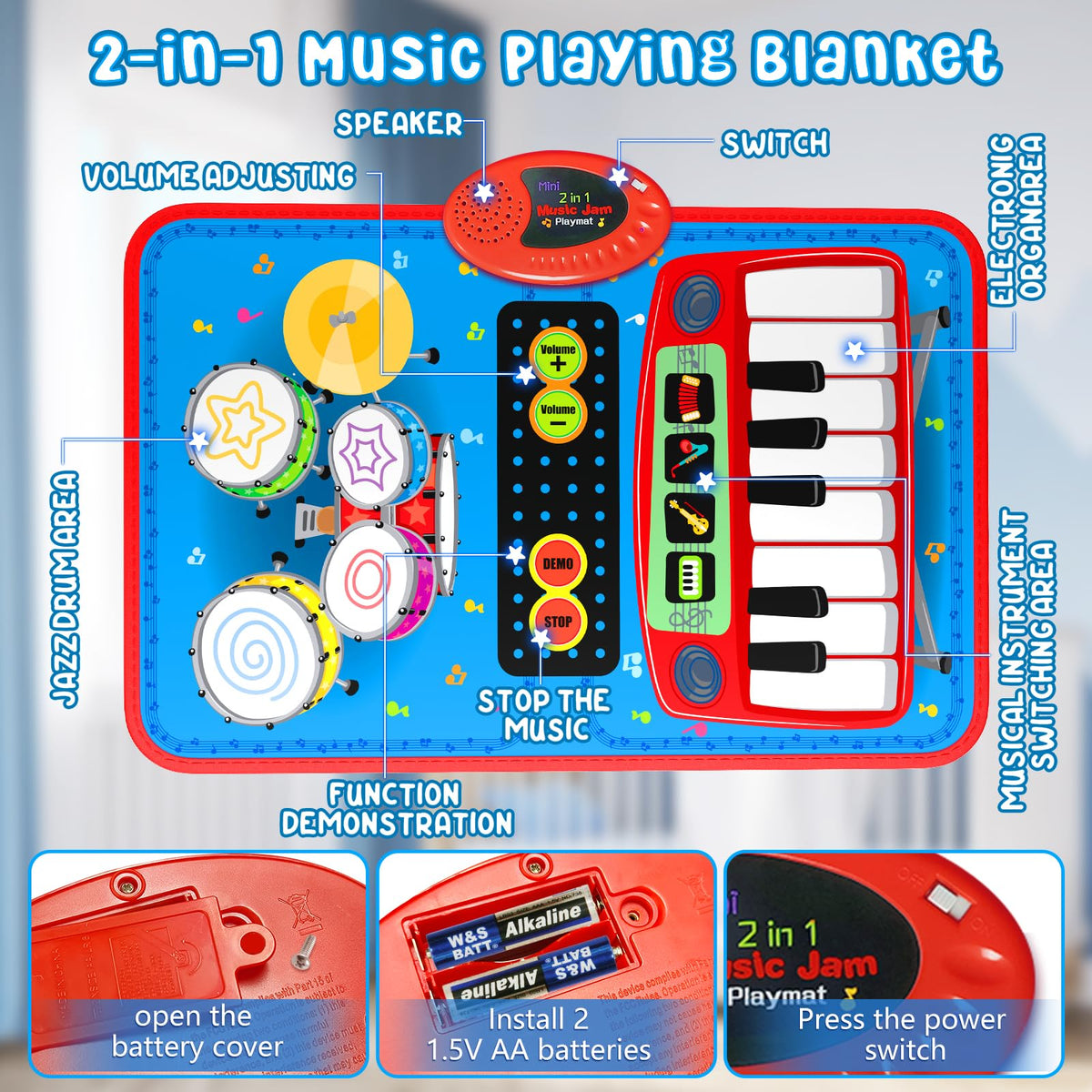 Oripira 2-in-1 musical mat with drums side and sticks for drumming