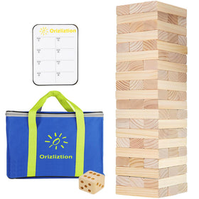 Orizliztion giant tumbling tower with 60 blocks ready for backyard fun.