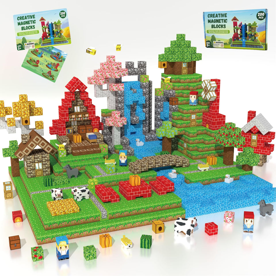 Oryvold 200 PCS magnetic blocks create a forest scene, sparking kids' imaginations.