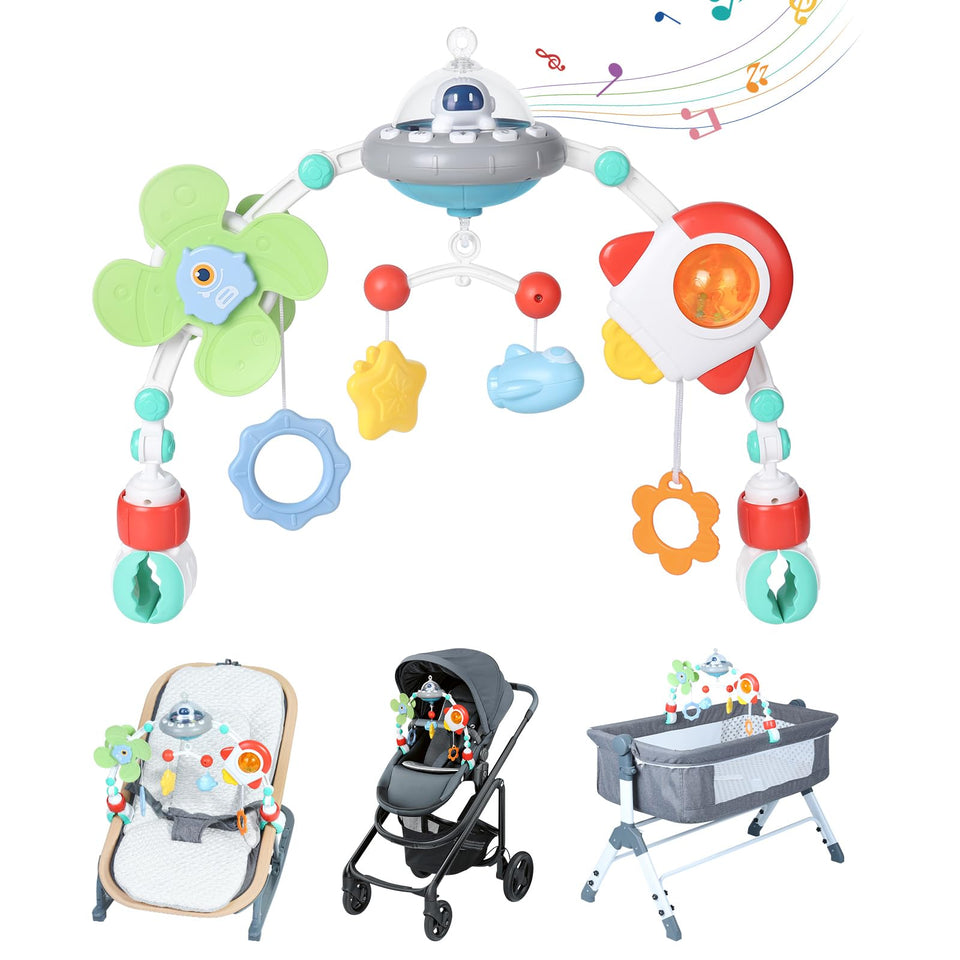 Orzbow stroller arch with alien windmill spins to stimulate visual tracking during bedside play