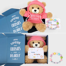 Osacoe big sister bracelet pink shown with the teddy for a milestone keepsake.