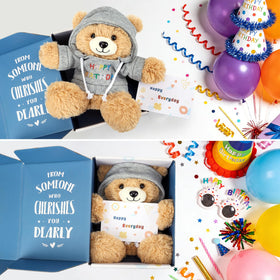 Osacoe teddy bear with removable hoodie for adaptable gifting and cuddly playtime.