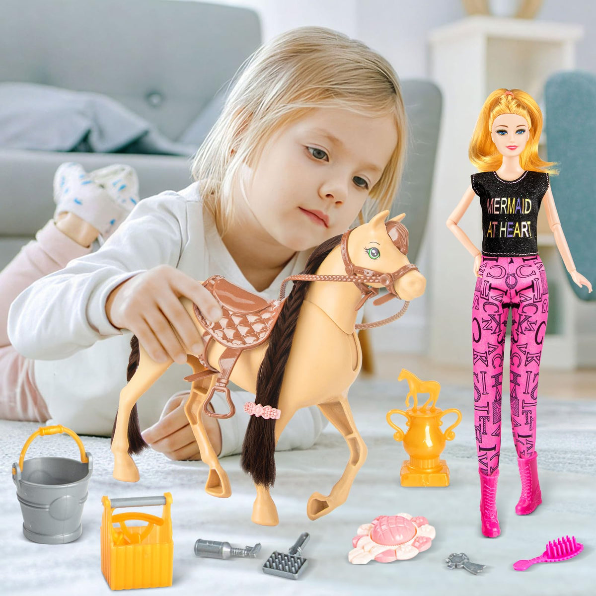 Osllate horse set includes headwear and attire for safe, stylish dress-up play.