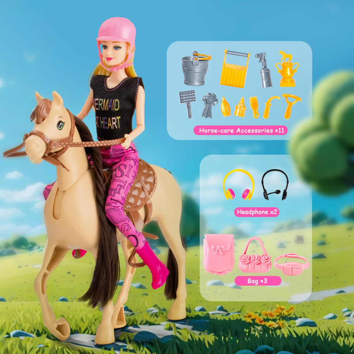 Osllate doll horse set features saddle, bridle, and reins for realistic play.