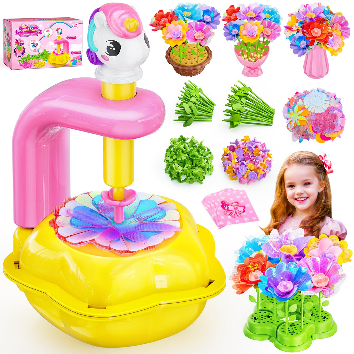 Osllate unicorn-inspired flower bouquet kit with lighted vase for imaginative crafts and display.