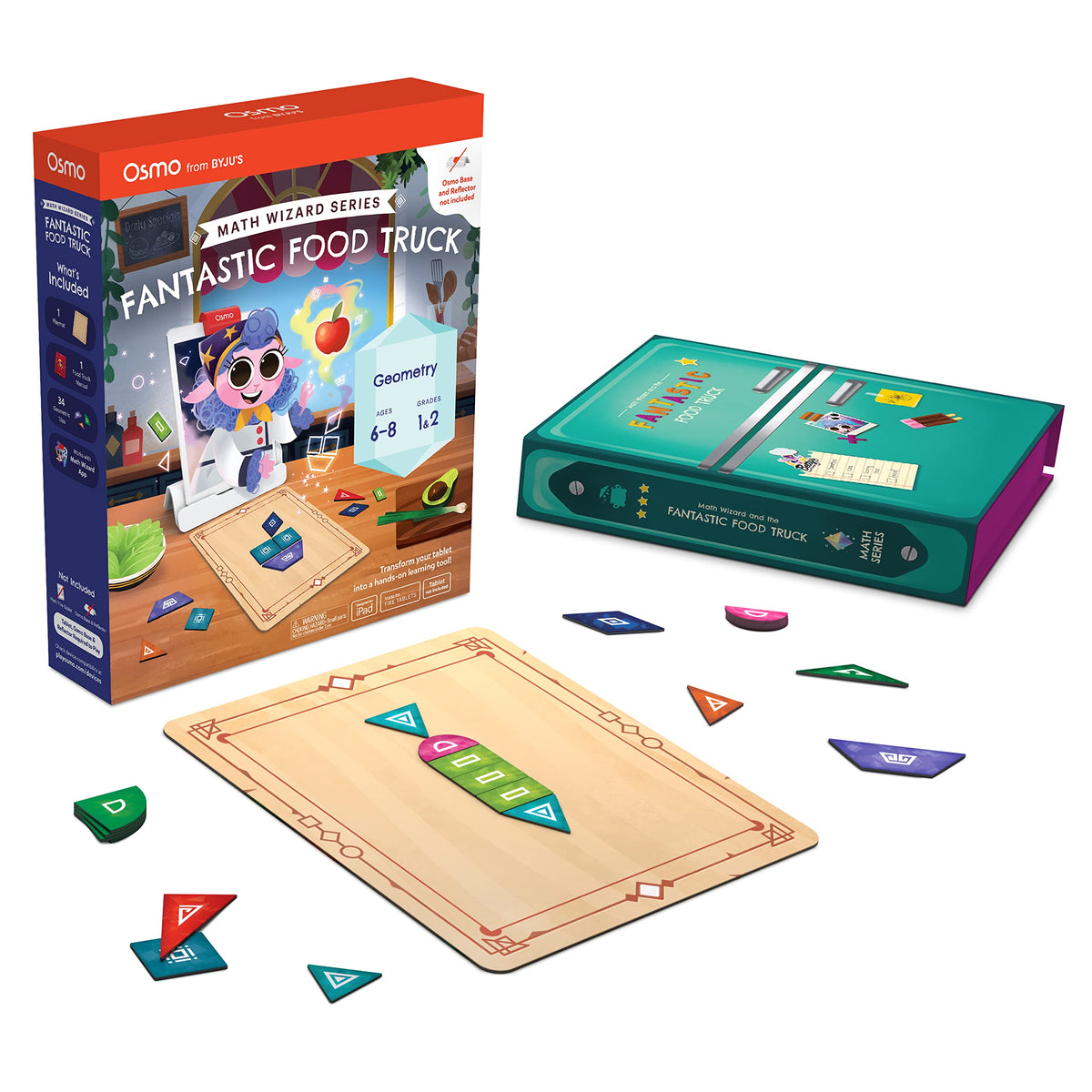 Osmo Math Wizard food truck setup showing a kid learning geometry with a cooking theme