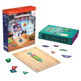 Osmo Math Wizard food truck setup showing a kid learning geometry with a cooking theme