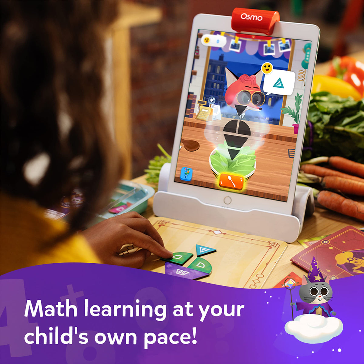 Osmo Math Wizard playmat laid out for collaborative geometry challenges at home
