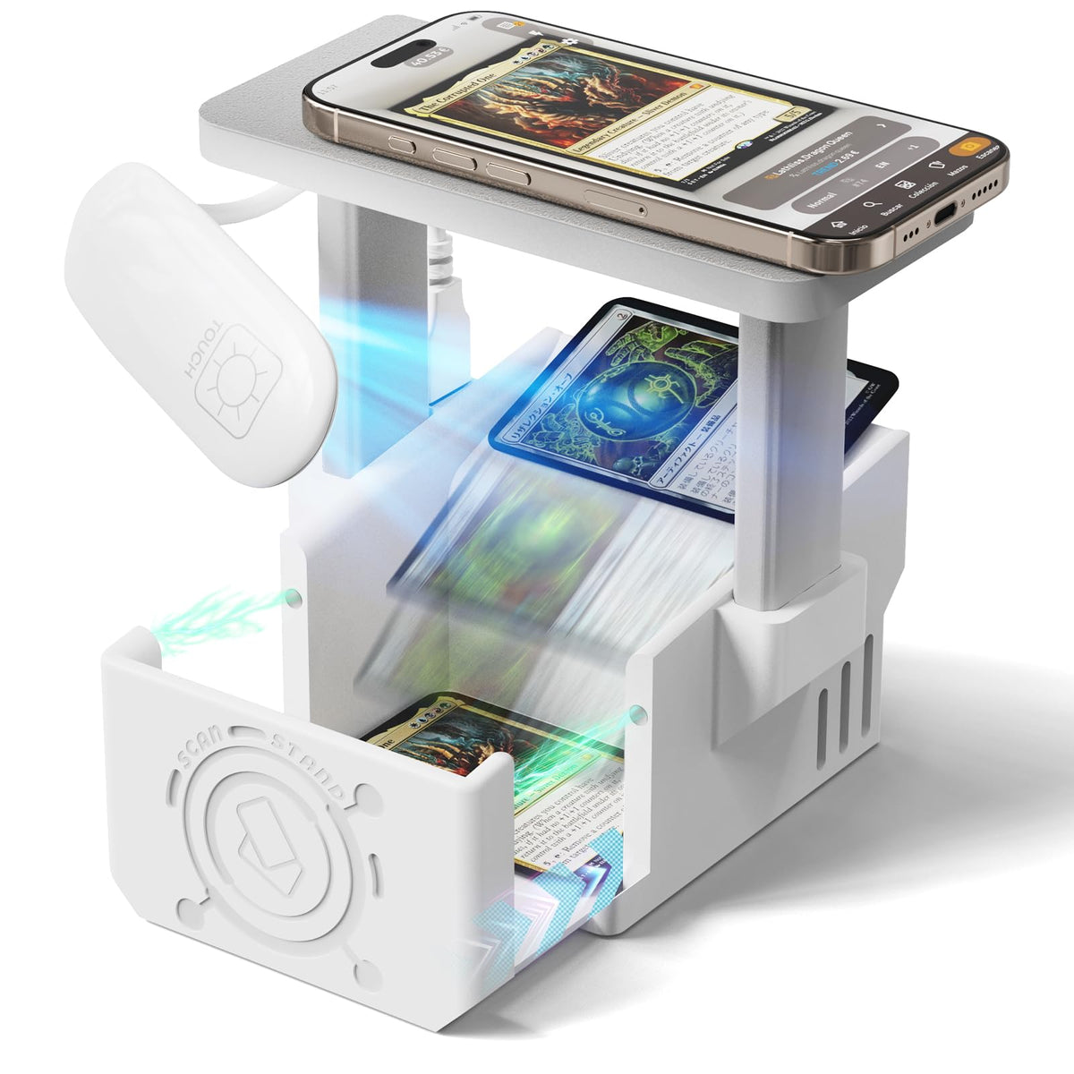 OSTENBIG Card Scanner Pro with LED light illuminating MTG cards for clear scans