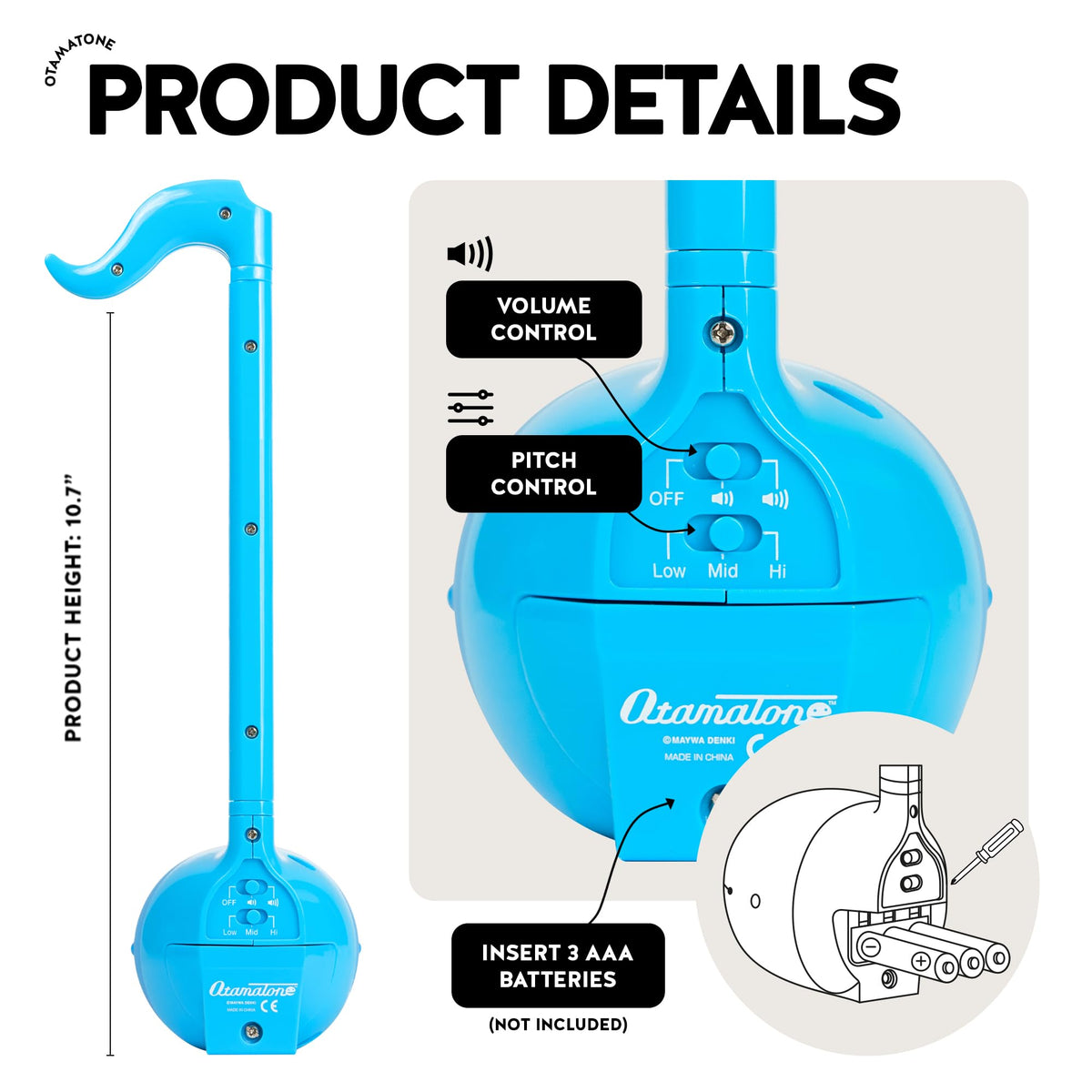 Otamatone blue holding pose demonstrates intuitive play with fingers.