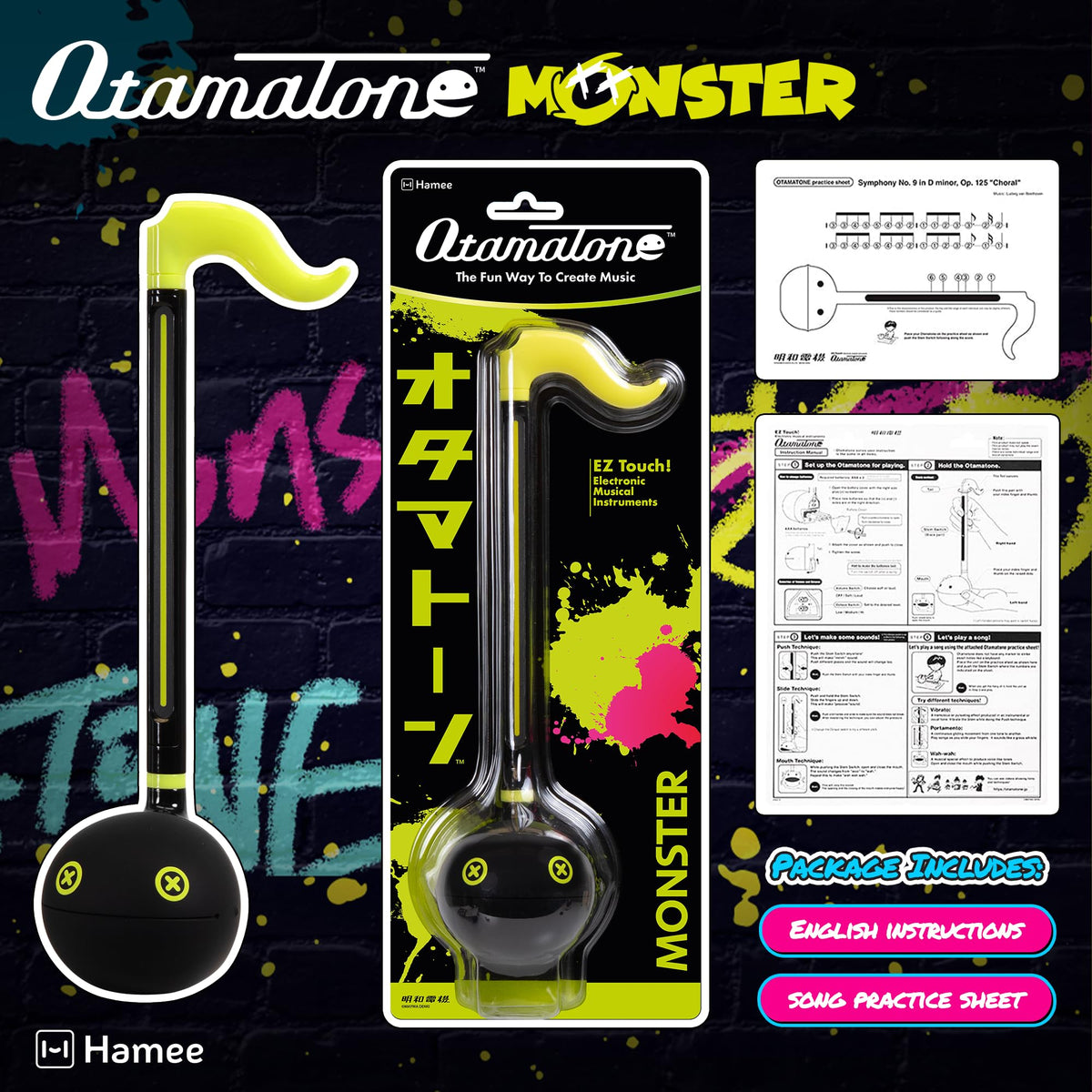 Packaging view of Otamatone Monster Lime with instructions included