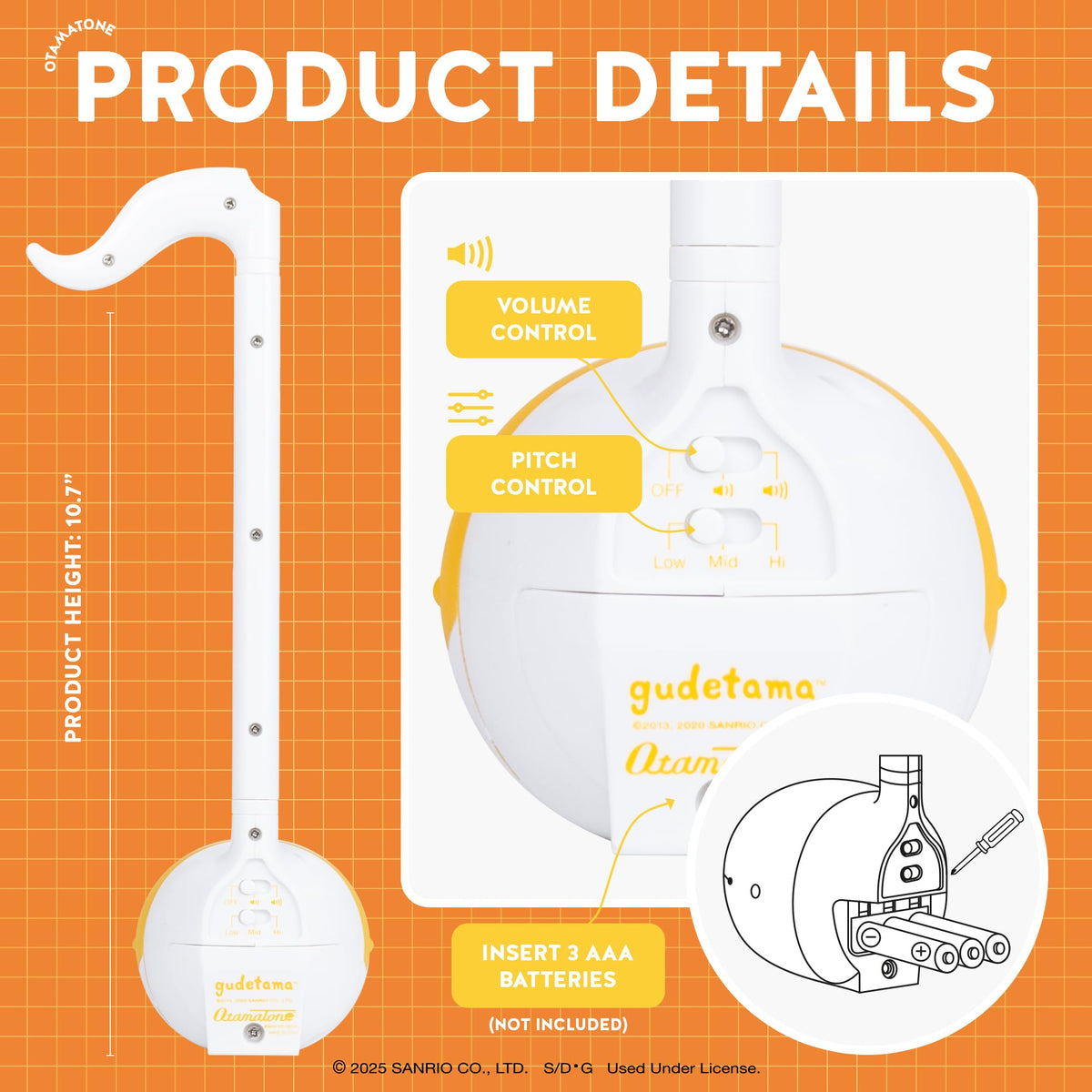 Otamatone Sanrio Gudetama compact size suits travel and on-the-go practice.