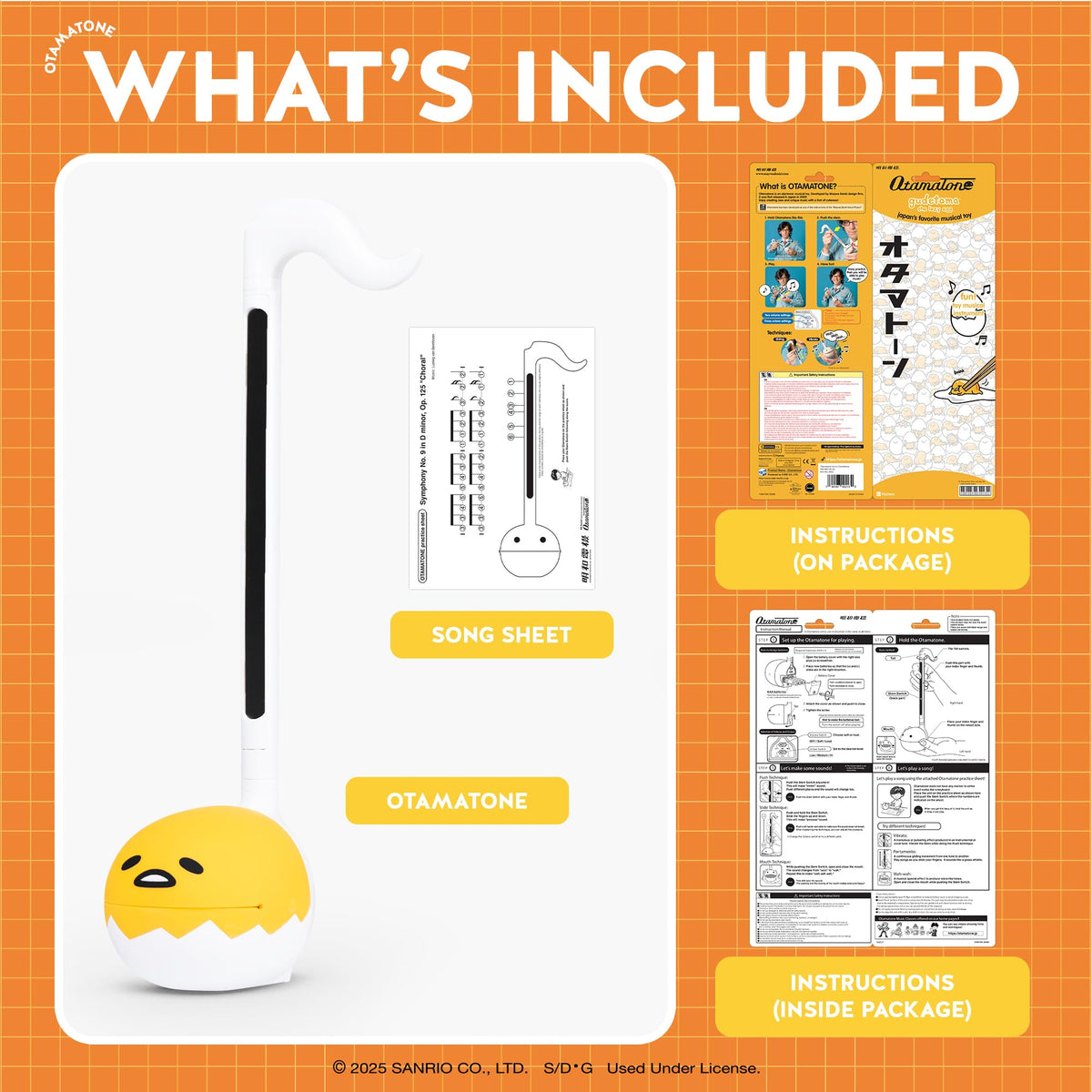 Otamatone Sanrio Gudetama ready-to-play pose for spontaneous jam sessions.