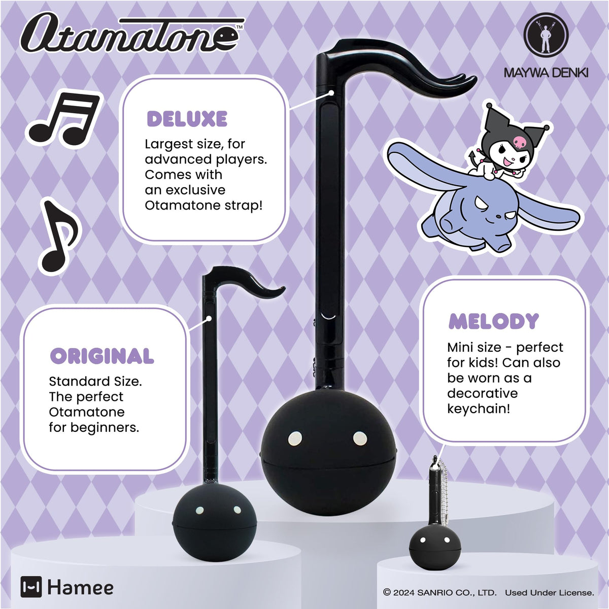 Otamatone Sanrio Kuromi compact travel-use scene with backpack.