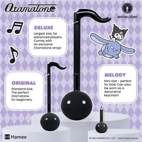 Otamatone Sanrio Kuromi compact travel-use scene with backpack.