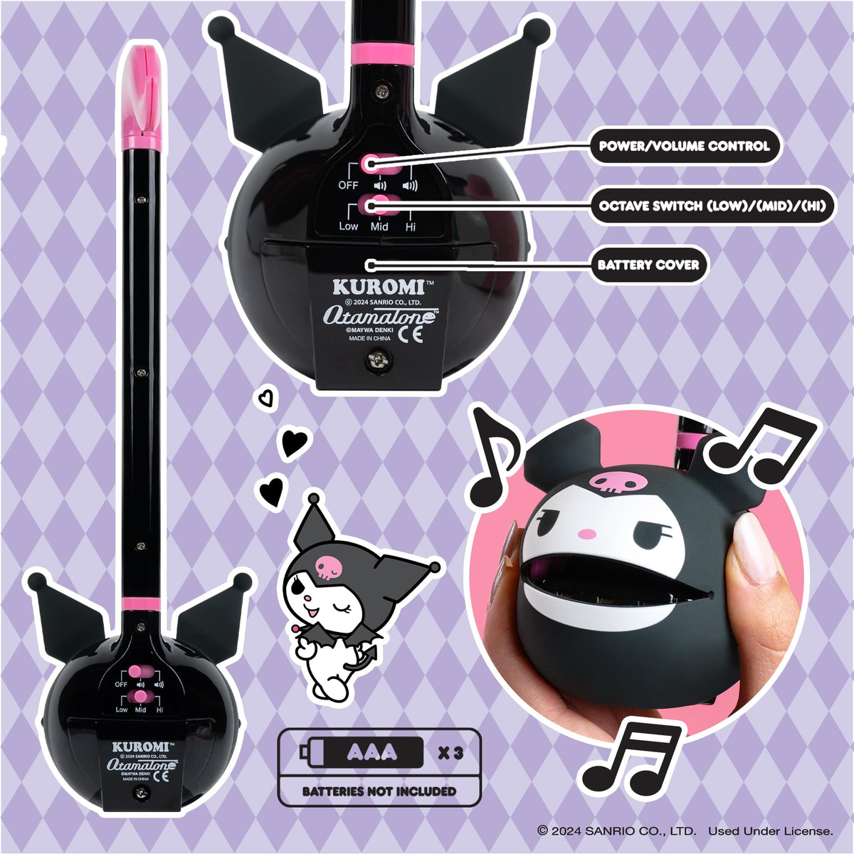 Otamatone Sanrio Kuromi pitch-stem close-up highlights pitch control.