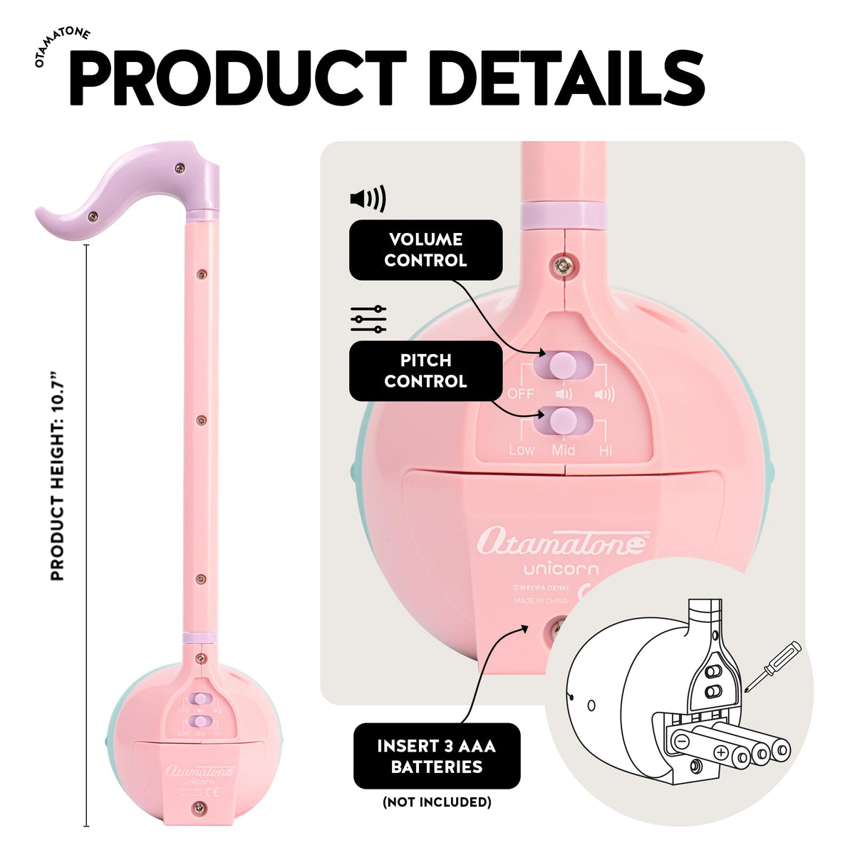 Otamatone Unicorn battery compartment ready for instant play.