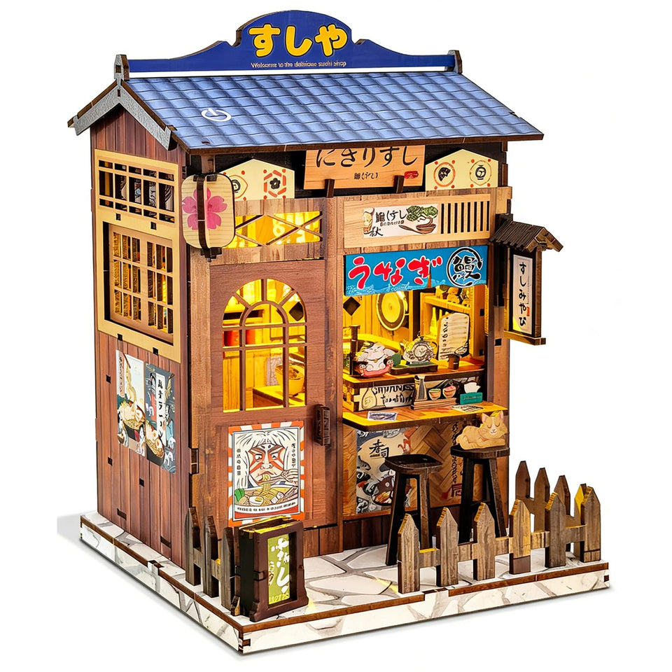 OTIOTHING DIY Miniature House Kit with ambient lighting enhances shelf decor