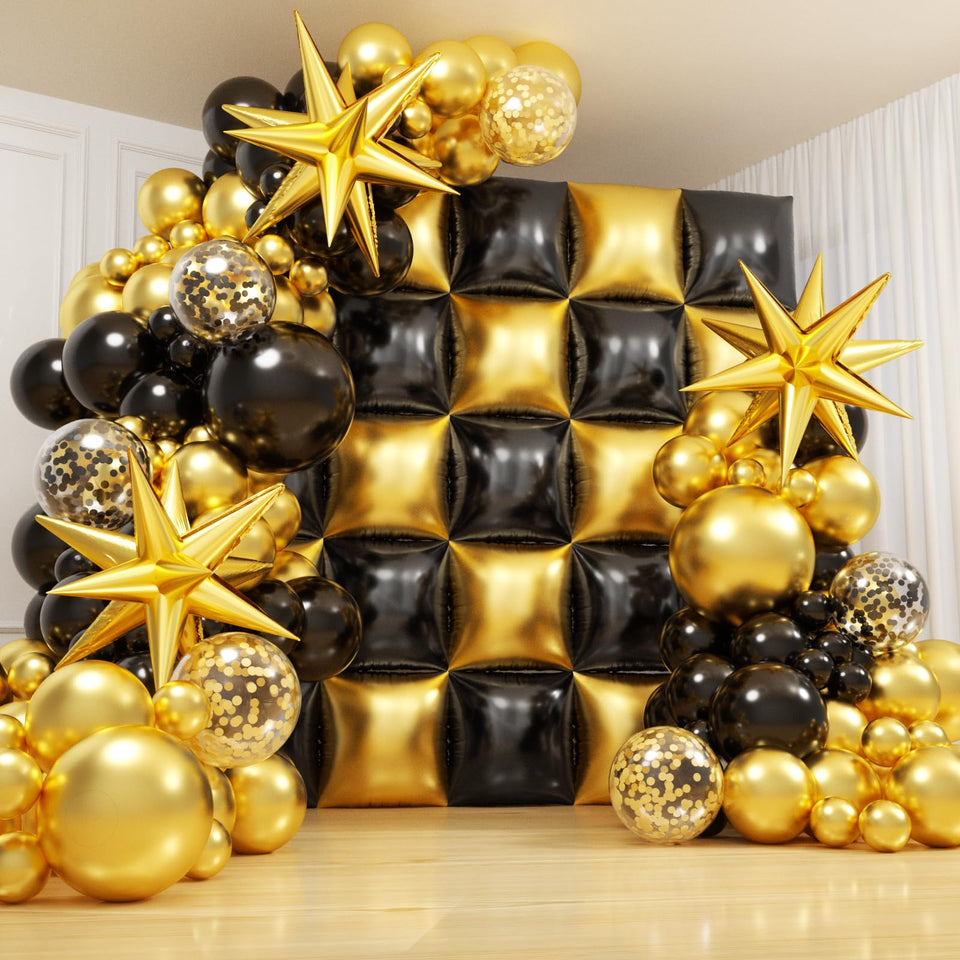 OTLGEUA black-gold checkered foil balloons backdrop wall for dramatic party photos