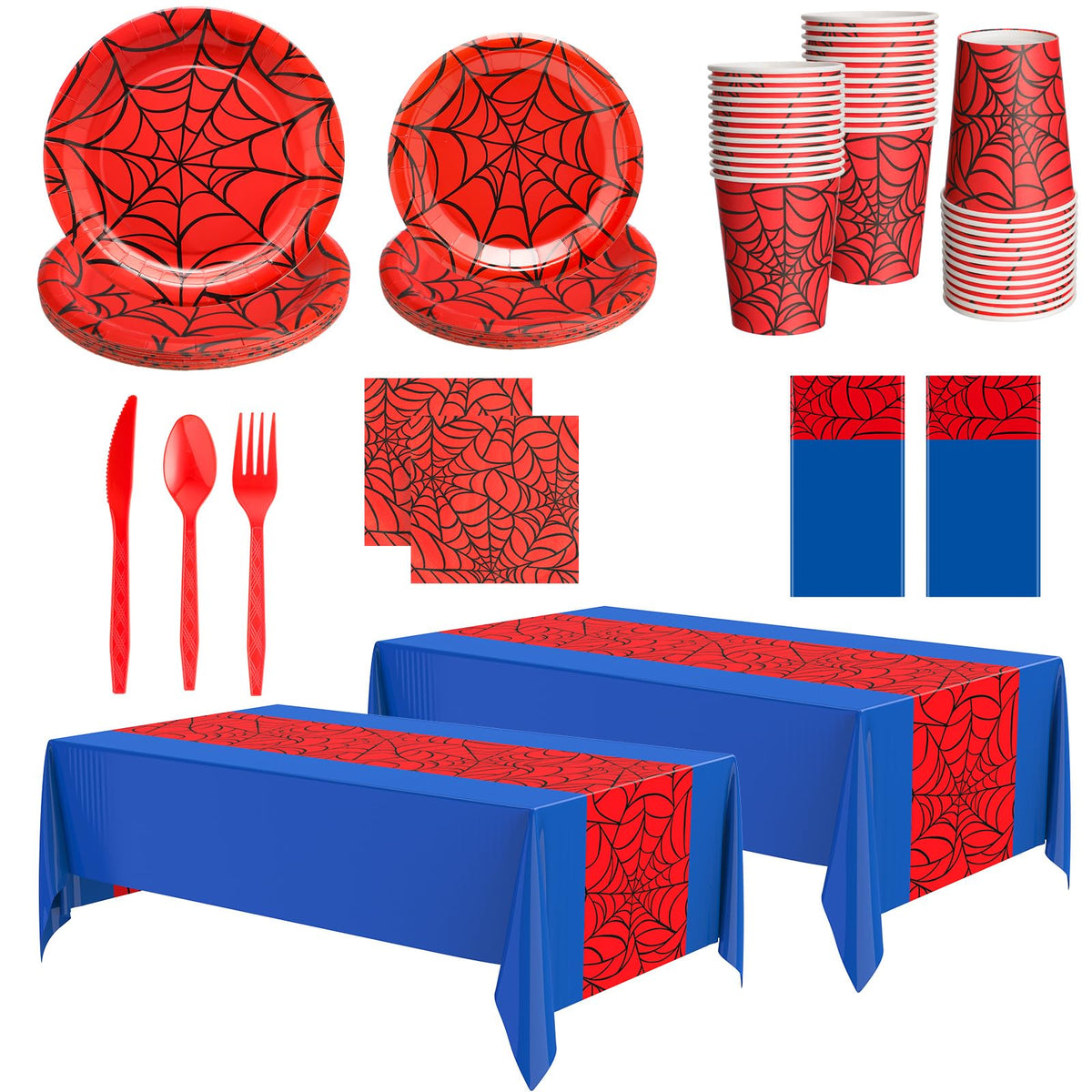 Oudain 162 spider tablecloth creates a bold red and blue party backdrop.