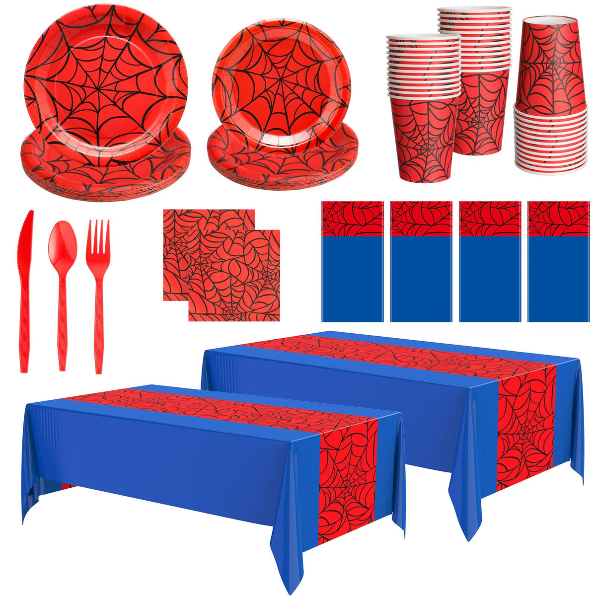 Oudain 324 spider tablecloth in red and blue enhances party ambiance and cleanup efficiency.
