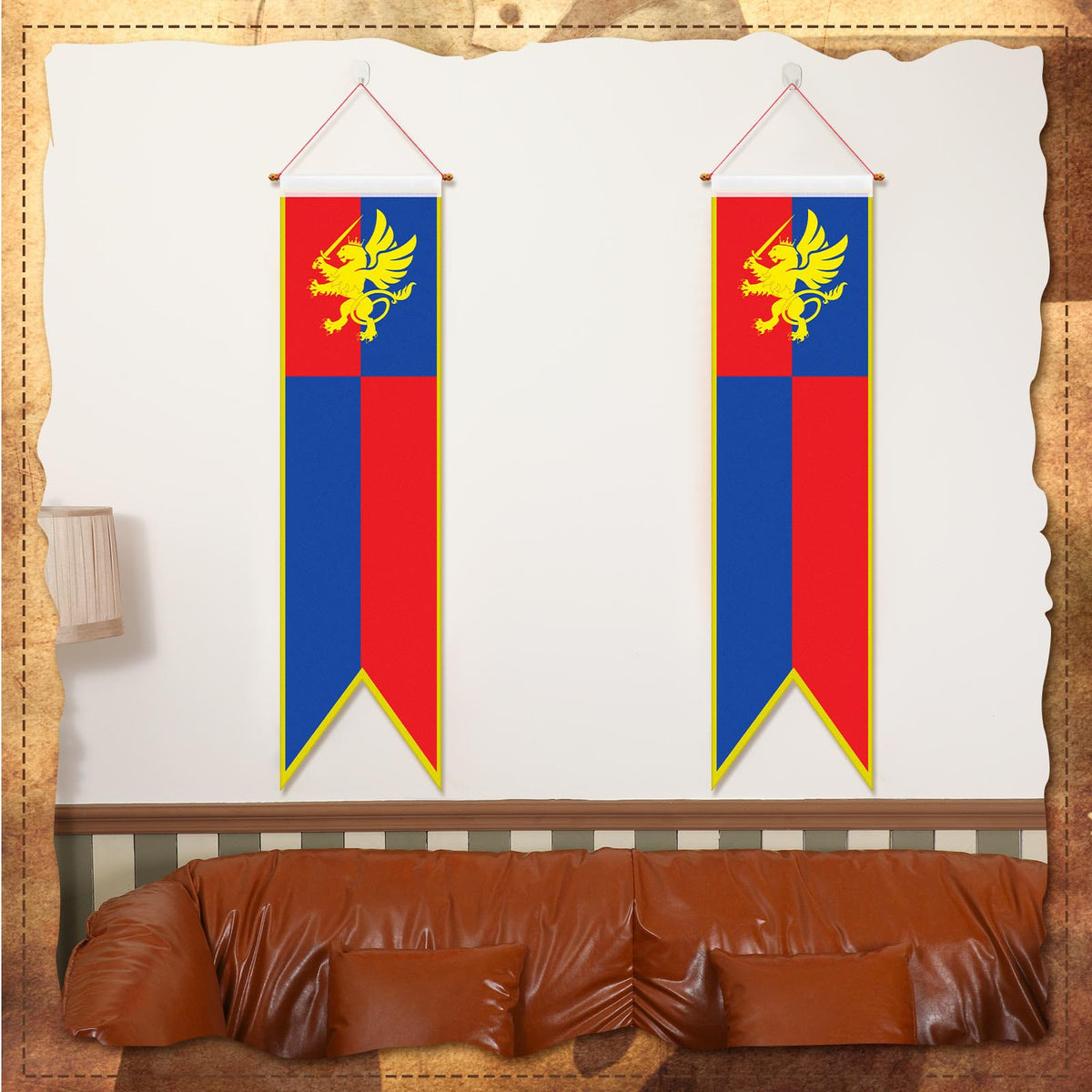 Oudain medieval flags with bold colors brighten indoor hallways and outdoor gardens.